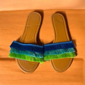 Fringe Slide Sandals - Blue and Green